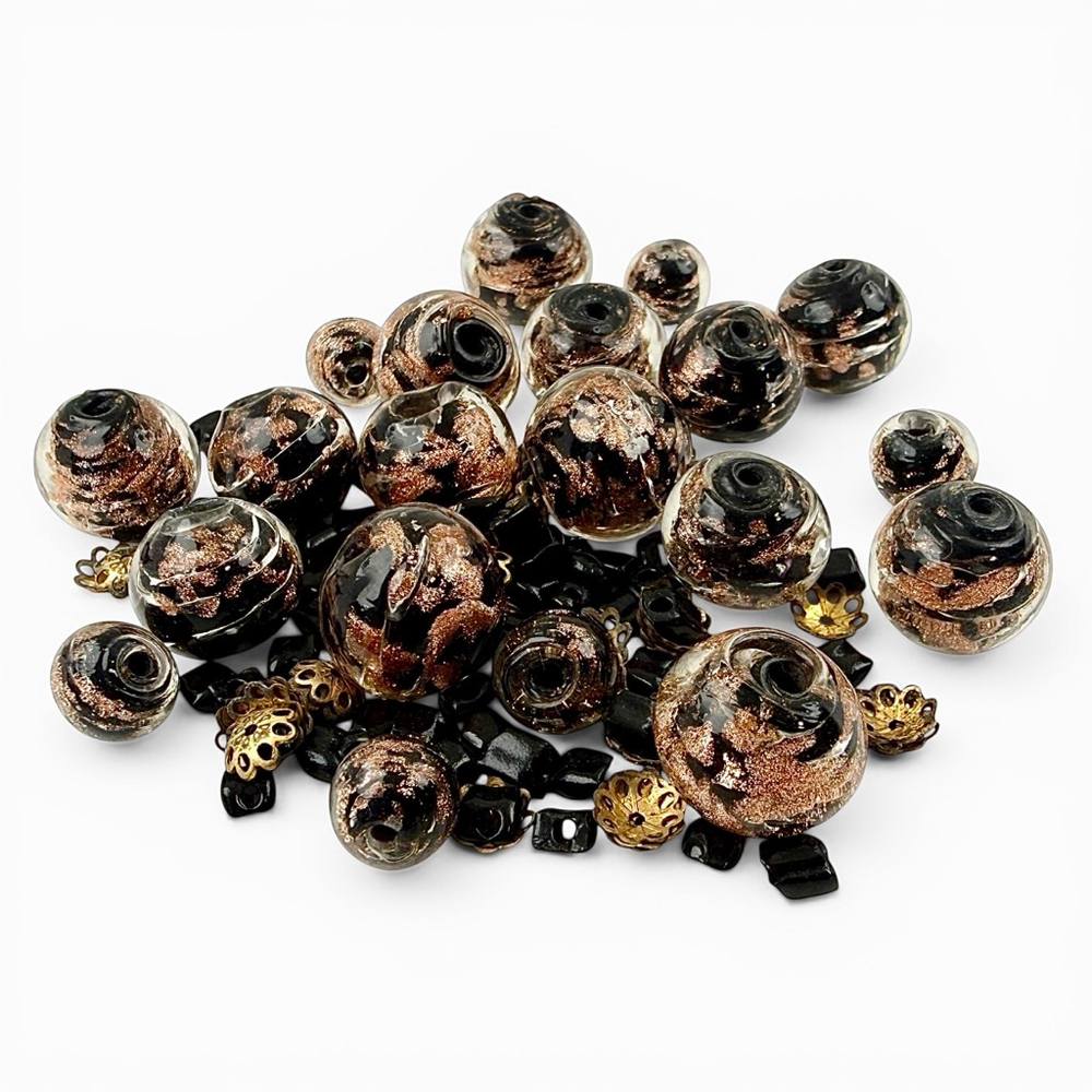 Vintage Murano Glass Bead Lot, Black Gold Aventurine Lampwork Beads, Salvaged